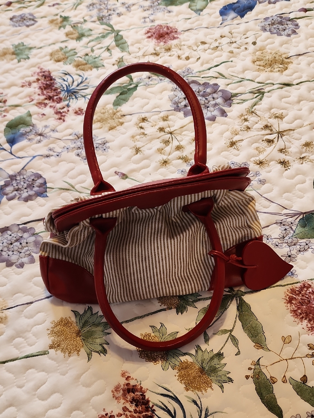 Striped Canvas Shoulder Bag with Red Leather Trim